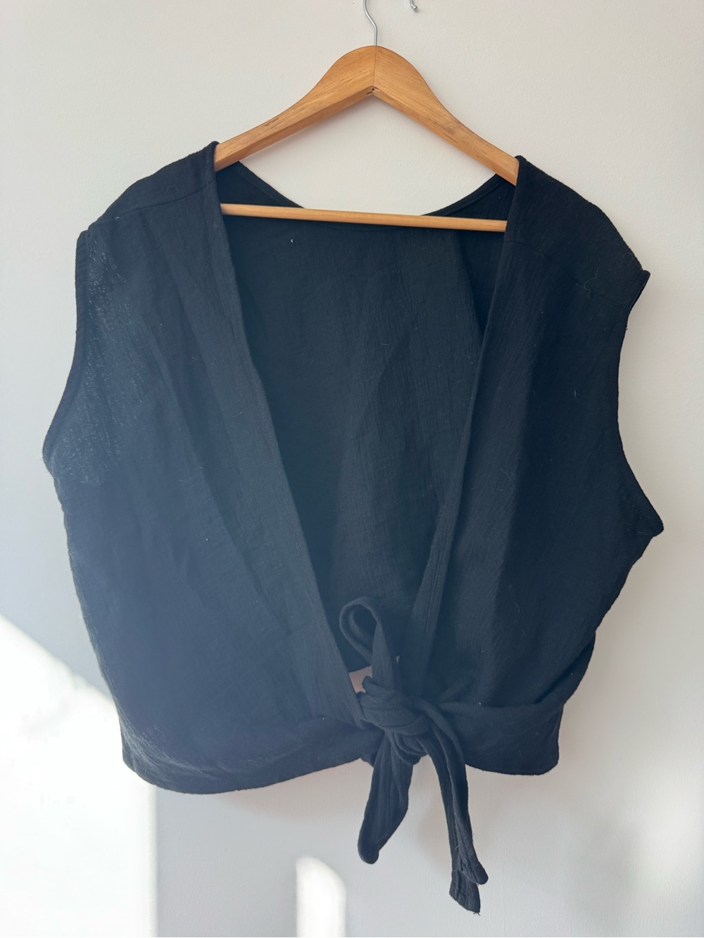 Bahhgoose Black Linen Blend Front Tie Crop Top